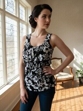 White House Black Market Black & White Floral Ruffle Sleeveless Top Size Small
